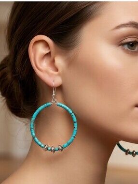 Sterling Silver TURQUOISE Heishe Bead HOOP earrings